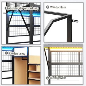 <span class=keywords><strong>Lit</strong></span> <span class=keywords><strong>mezzanine</strong></span> moderne en métal DNF <span class=keywords><strong>avec</strong></span> bande LED, <span class=keywords><strong>rangement</strong></span> <span class=keywords><strong>et</strong></span> étagère ouverte - Twin/Twin XL/140x200cm - Gain de place pour enfants <span class=keywords><strong>et</strong></span> adolescents - Noir - Product Image 2