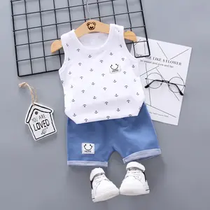 Children Kids Clothes Boys Sleepsuit Vest Set Including White Vest With Pattern And Denim Pant