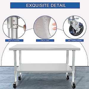 Table de travail commerciale en acier inoxydable NSF avec roulettes, 48"x24", table de préparation robuste avec étagère inférieure - Product Image 6