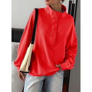 Sweat-shirt surdimensionné personnalisé pour femme en tricot gaufré à manches longues avec col montant à boutons-pression, hauts décontractés pour tenues d'automne - Product Image 4