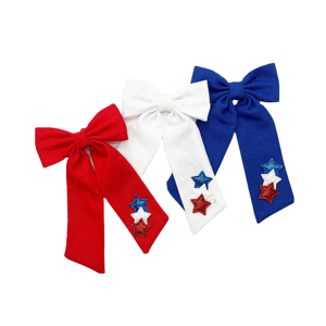 Fabric Linen Sequin Hair <b>Tie</b> Sparkly Stars Bow Red White Blue USA Theme 4th July National Day Holiday Accessory 4.5inch Clip - Product Image 1