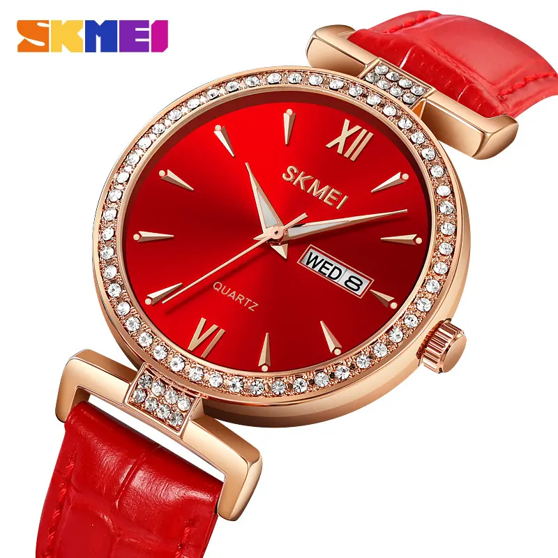 Skmei 2090 Red Face Luxury Minimalist Leather Calendar Customization Creative Beauty Quartz Watch Women Set