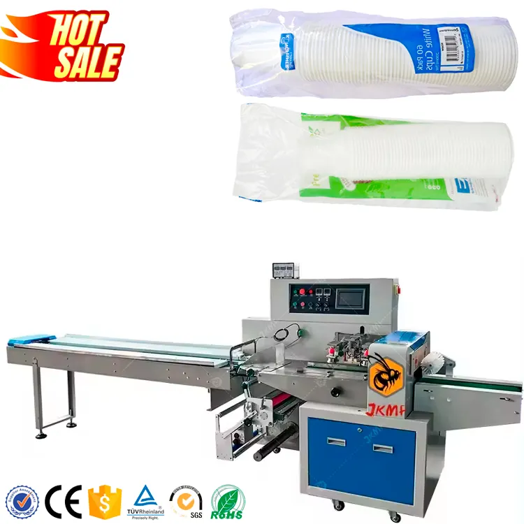 Schlussverkauf automatische Einwegbecher-Flow-Packmaschine Papierbecher Plastikbecher-Verpackungsmaschine