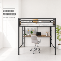 Lit superposé avec bureau et panneau grillagé, surface imitation bois, structure en acier pour chambre d'enfant, espace d'étude, adolescents