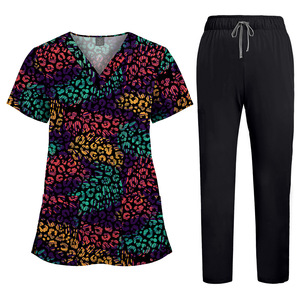 Conjuntos de Uniformes Médicos con Cuello en V y Estampado de Dibujos Animados 64001, Pantalones Rectos de Color Sólido, Tela Tejida de Spandex/Poliéster, Unisex - Product Image 2