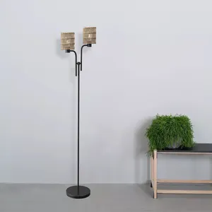 Moderne 2 Lampjes Bamboe Rotan Vloerlampen Met Aan/Uit Voetschakelaar Woonkamer Slaapkamer Boom Staande Lamp Rotan Lampenkappen