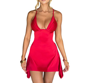 Été Femmes Sexy V-Neck Backless Halter Mini Dress Solid Color Cross-Border Fashion 2025 Offre Spéciale - Product Image 5