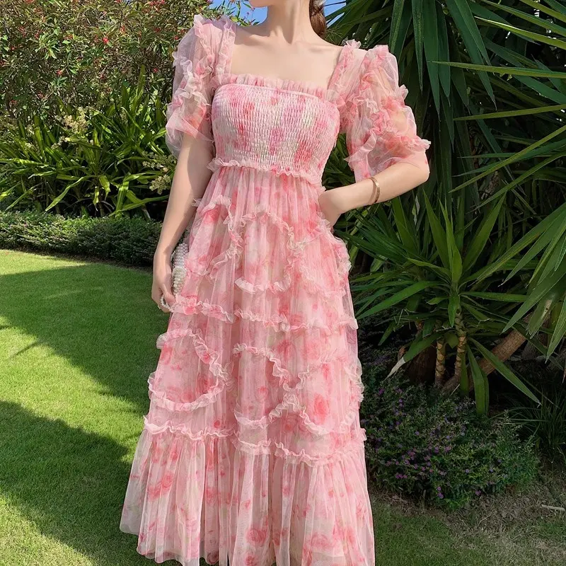 호주 패션 스퀘어 칼라 디자인 드레스 여성 레이어 나무 귀 바느질 메쉬 거즈 핑크 달콤한 롱 스커트
