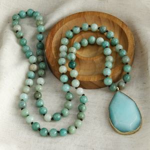 Moda donna <span class=keywords><strong>collana</strong></span> etnica boema gioielli tribali pietre di amazzonite <span class=keywords><strong>collana</strong></span> lunga <span class=keywords><strong>con</strong></span> ciondolo in corno di bue di pietra annodata - Product Image 4