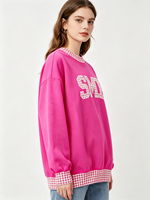 Sudadera Personalizada para Mujer con Apliques de Letras, Diseño a Cuadros con Bloques de Color, Cuello Redondo, Manga Larga, Estilo Casual Urbano