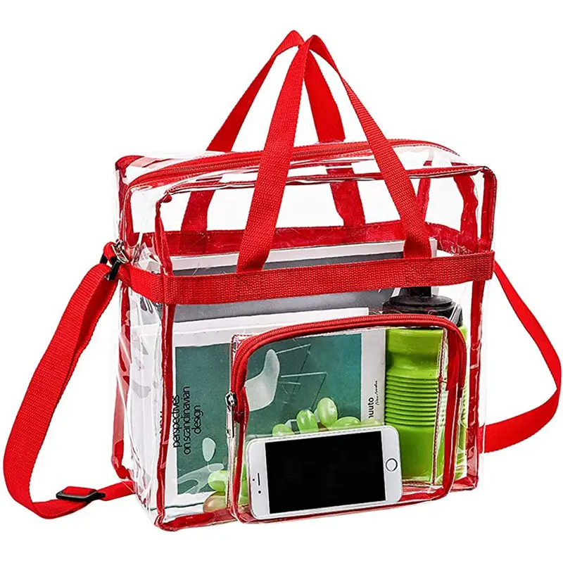 Transparent clear hand bags 2 in 1 large capacity women red clear pvc stadium bags with shoulder strap