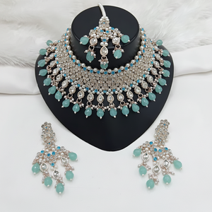 Parure de bijoux de mariée en laiton plaqué or et zircon, collier ras-du-cou, boucles d'oreilles pendantes, tikka, haute qualité, pour fête, mariage, cadeau ethnique - Product Image 2