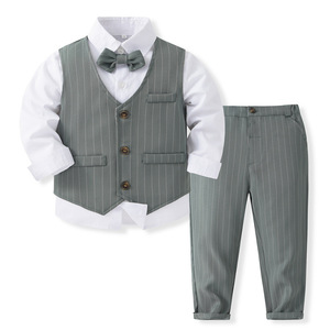 Conjunto de traje verde para <span class=keywords><strong>niño</strong></span> de tres colores, conjuntos de ropa para <span class=keywords><strong>niño</strong></span> pequeño, camisa de vestir Formal, chaleco a rayas, pantalones, trajes de Navidad para caballero de bebé - Product Image 3