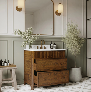 Mueble de Baño de Madera Maciza de Roble Enchapado Personalizado para Hotel, Diseño Acanalado a Rayas, Encimera de Cuarzo, Ecológico, Lavabo Individual Moderno - Product Image 3