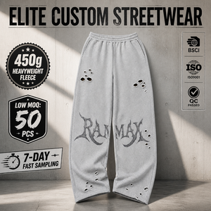 Pantalon de survêtement déchiré pour homme RAMAX, gris chiné, en molleton de coton 450g, coupe ample, style streetwear, avec imprimé graphique découpé au laser - Product Image 1