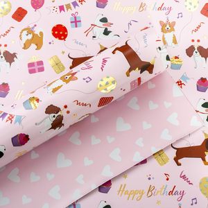 Papier d'emballage d'anniversaire pour chiens, rose, réversible, en feuille métallique, 17 pouces x 16,5 pieds, avec motifs de chiots mignons et ballons, pour emballage cadeau de fête - Product Image 1
