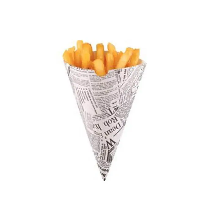 Takeaway cones de papel de comida resistente ao óleo para fio, batatas francesas