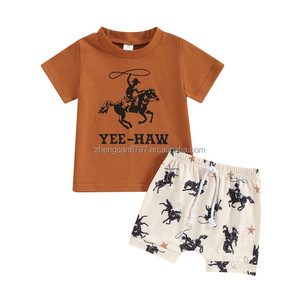 2024 été décontracté garçons tenues bébé col rond survêtements Western <span class=keywords><strong>Element</strong></span> Cowhead imprimer manches courtes Shorts enfants 2 pièces - Product Image 2