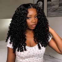 Perruque mi-longue bouclée en cheveux humains naturels birmans, avec frange noire, partie en V, tissée à la machine, permanente et teinte