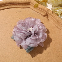 Fleur en tissu organza transparent vintage avec feuilles, patch de fleurs esthétiques faites à la main pour pince à cheveux, broche ou fleur décorative