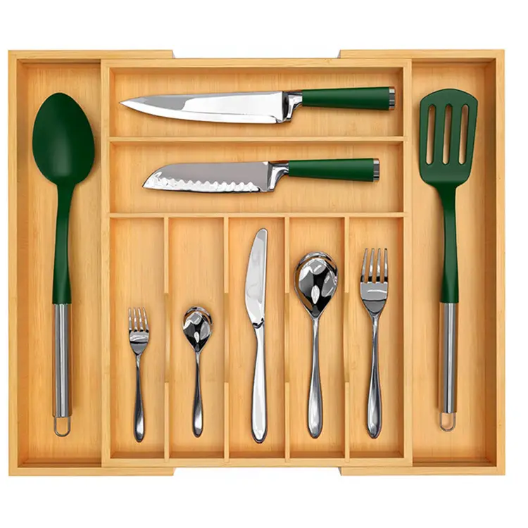 Bamboo Holder Wooden expandable adjustable kitchen utensils organizer for drawer utensil Silverware Organizer