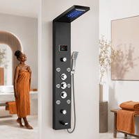 Colonne de douche moderne en acier inoxydable doré brossé avec cascade LED, 5 boutons, 6 jets latéraux et affichage numérique