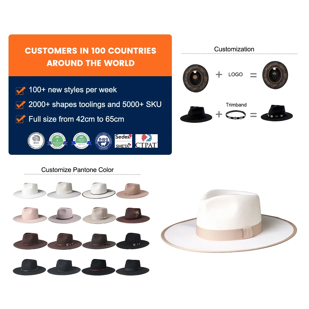 Huayihats Wholesale Winter Adult Men Women Sombreros Flat Large Wide Brim 100% Wool Black And White Fedoras Hats