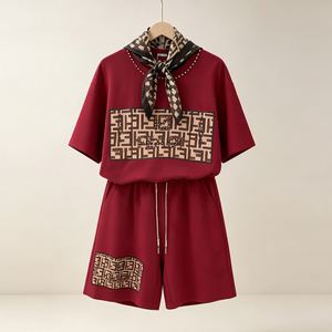 Conjunto de 2 Piezas para <span class=keywords><strong>Mujer</strong></span> Zitong, Camiseta Holgada con Estampado de Letras y Pantalones Cortos, Traje Deportivo Informal de Verano con Decoración de Bufanda - Product Image 3