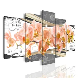 Modern Flower Deep Red Flower 5 Panel Pink Orchid Picture Decoration 5 Pieces Wall Art Canvas Prints Painting With Frame