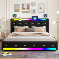 Lit en velours avec haut-parleur Bluetooth, station de charge USB, cadre en forme de lit, éclairage LED RGB et rangement