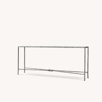 Table console élégante et moderne en or martelé, avec cadre métallique fin, barre transversale Wishbone et plateau en verre, durable, pour salon et maison