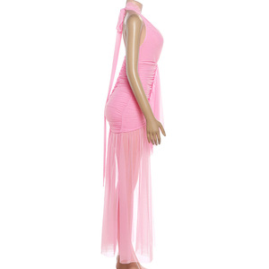 Women's Halter Neck Ruched Tulle Maxi Dress - <b>Tie</b> <b>Back</b> Ruffle Detail Formal Evening Gown Party Dresses Fashion - Product Image 5