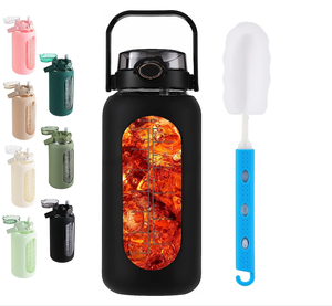Bouteille d'eau en verre de 64oz avec couvercle en paille et poignée Bouteille en verre de <span class=keywords><strong>motivation</strong></span> d'un demi-gallon avec manchon en silicone et marqueur de temps <span class=keywords><strong>La</strong></span> - Product Image 3
