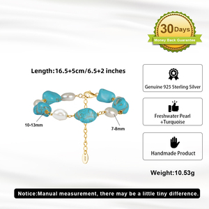 Rinntin MPB16 <span class=keywords><strong>Bracciale</strong></span> Artigianale <span class=keywords><strong>in</strong></span> Argento Sterling 925 con <span class=keywords><strong>Perle</strong></span> d'Acqua Dolce e Turchese, <span class=keywords><strong>Bracciale</strong></span> Regolabile con Charm per Donne - Product Image 4