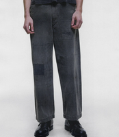 SOOREE Pantalon de travail pour homme gris rétro usé, détails de réparation avec patchs cousus main, ourlet effiloché brut, coupe courte, jambe large, décontracté, personnalisé
