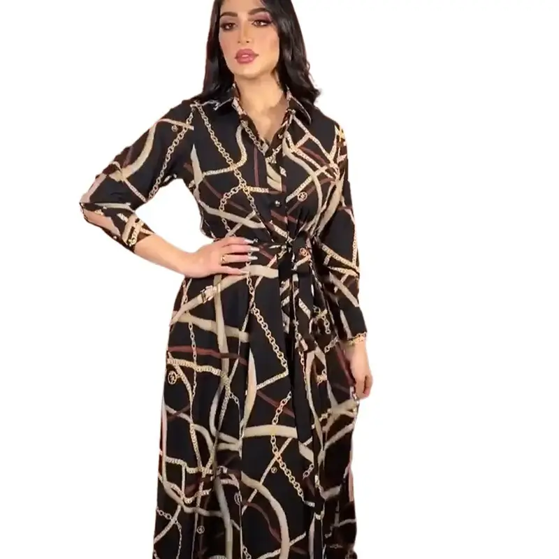 Summer Street Muslim Womens Wear V Collar Printed Dress with Belt Large Long Sleeves Shirt Dress