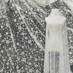 Beau Design Lourd Perlé Dentelle Tulle Maille Brodé Perles Paillettes Tissu Beige Blanc Sequin Tissu pour Robes De Mariée - Product Image 6