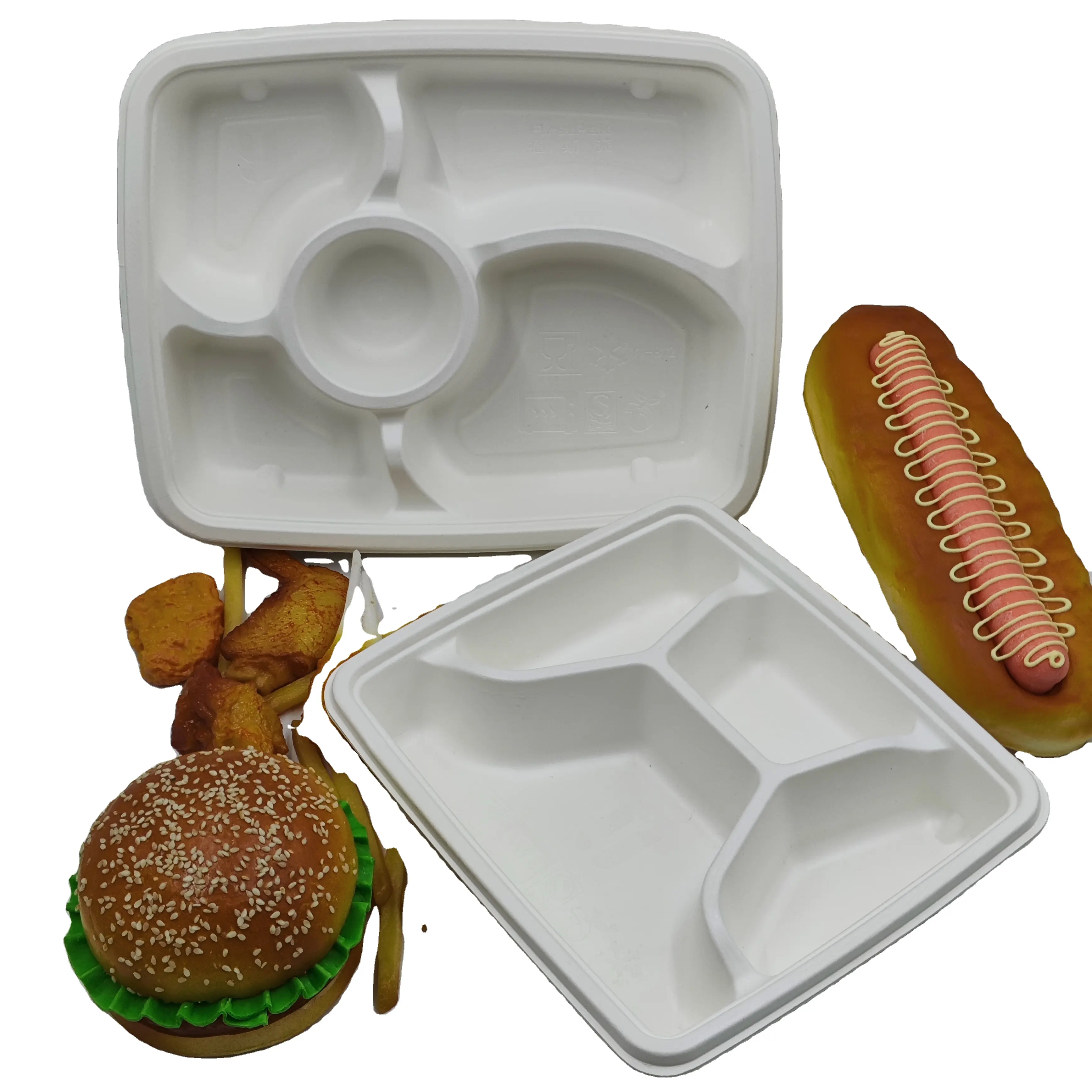 Vajilla desechable biodegradable respetuosa con el medio ambiente, accesorio de tapa conveniente, platos de bandeja de papel de comida de bagazo para microondas