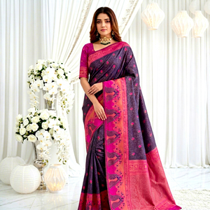 Sari de Seda con Estampado Digital Rosa y Morado de AARA Fashion, para Mujer, Tradicional, Largo hasta el Suelo, Sin Arrugas, Corte Regular, para Bodas - Product Image 1