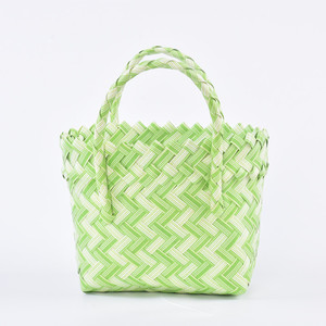 Woven PP <b>Plastic</b> Storage <b>Basket</b> Rectangle Handmade Children's Bag Single Tier Green Zigzag Pattern - Product Image 1