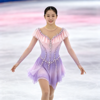 Robe de patinage artistique à col volanté dégradé rose et violet avec strass, manches longues, en tissu mesh pour compétition de patinage sur glace pour adultes et enfants