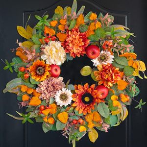 Corona de Girasoles Otoñales, Flores de Seda y Plástico Hechas a Mano, Decoración para Puerta para el Festival de la Cosecha - Product Image 1