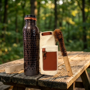 Antique Hammered Oriental Design Eco-friendly Water Bottle with Copper Lid Portable <b>Outdoor</b> Drinkware Cleaning <b>Brush</b> Included - Product Image 1