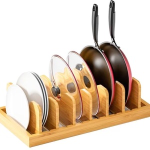 Étagère à vaisselle en bois avec support pour casseroles, couvercles, assiettes, organisateur de rangement de cuisine, couleur bois naturel, forme carrée, multifonction - Product Image 2