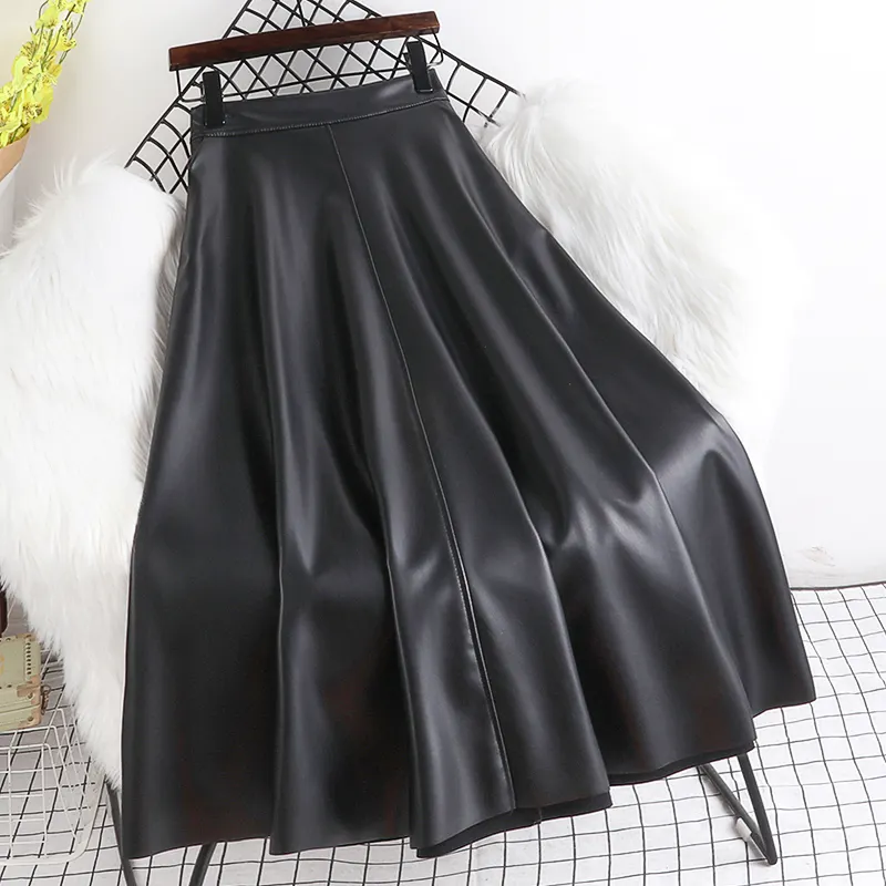 Woman Side Zipper A-line PU Leather Skirt Plain Autumn Winter High Waist Pleated Midi Long Skirt for Womens Korean Fashion Cloth