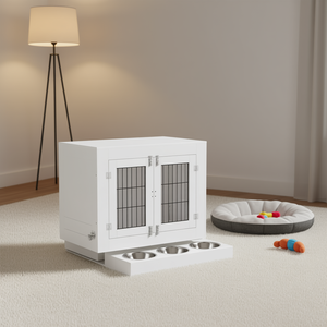 Meuble de transport pour chien blanc, taille moyenne, avec gamelles amovibles, maison moderne pour animaux de compagnie, utilisation intérieure - Product Image 2