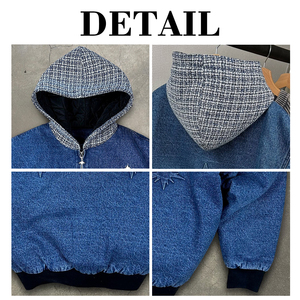 Kingsen – Sweat à capuche zippé en coton épais de haute qualité, style vintage délavé, coupe oversize pour homme, motif color block et denim à carreaux - Product Image 6