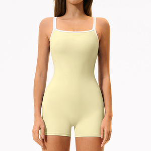 Combishort pour femme, dos nu, col carré, fines bretelles, vêtements de sport sans couture, couleur unie, adapté à la course et au fitness. - Product Image 5
