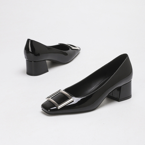 Escarpins élégants en cuir verni à bout carré et talon carré <span class=keywords><strong>pour</strong></span> <span class=keywords><strong>femme</strong></span> avec boucle argentée, chaussures habillées <span class=keywords><strong>pour</strong></span> le bureau et les déplacements professionnels - Product Image 5