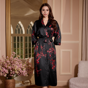 Lumee jubah Satin wanita baru dengan motif bunga prem merah Satin hitam, jubah pengantin, piyama Satin. - Product Image 5